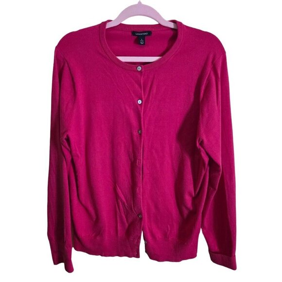 Lands' End Fuchsia Cotton Blend Crewneck Cardigan Sweater Size L - Picture 1 of 5